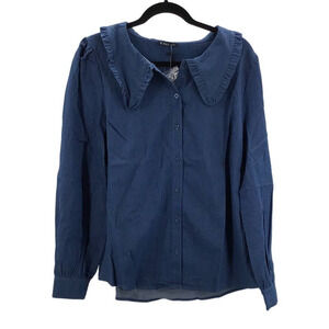 VERY J sz s blue denim Peter Pan collar ruffle long sleeve top blouse NWT B164